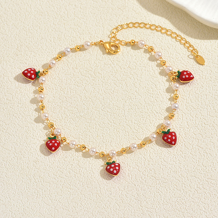 Bohemian Brass Enamel Red Fruit Tassel & Imitation Pearl Round Link Chain Anklets for Summer Vacation BD6546-5-1