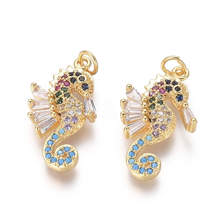  Jewelry Beads Findings Golden Plated Brass Pendants, with Cubic Zirconia and Jump Rings, Sea Horse, Colorful, 20.5x10x3mm; Jump Ring: 4x0.6mm, 2.5mm inner diameter