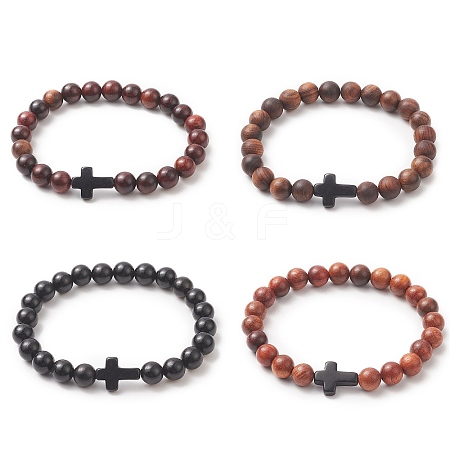 Natural Rosewood & Synthetic Turquoise Beaded Stretch Bracelet for Men Women BJEW-JB09291-1