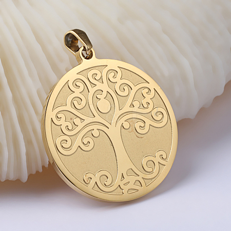 Flat Round with Tree of Life Ion Plating(IP) 304 Stainless Steel Pendants STAS-I040-06B-1