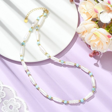 Faceted Cube Natural Larimar & Natural Baroque Keshi Pearl Column Beaded Necklaces NJEW-JN06620-1