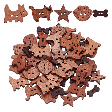 75Pcs 5 Styles 2-Hole Wooden Buttons BUTT-AR0001-15-1
