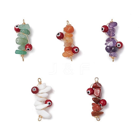 5Pcs 5 Styles Natural Red Aventurine & Natural Green Aventurine & Natural Red Jasper & Natural Amethyst & Glass Chip Copper Wire Wrapped Handmake Lampwork Red Evil Eye Connector Charms PALLOY-JF02977-01-1