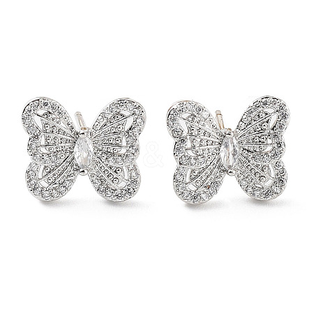 Butterfly Rack Plating Brass Micro Pave Clear Cubic Zirconia Stud Earrings for Women KK-Z038-17P-1