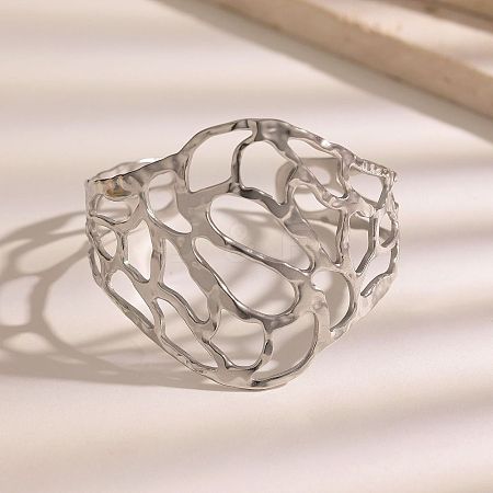 304 Stainless Steel Hollow Leaf Wide Open Cuff Bangles for Women WG4B663-02-1