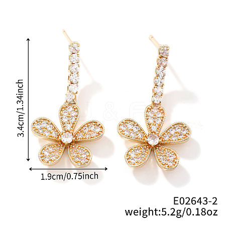 Shiny Flower Brass Clear Cubic Zirconia Stud Earrings for Elegant Western Style Women CS4467-2-1