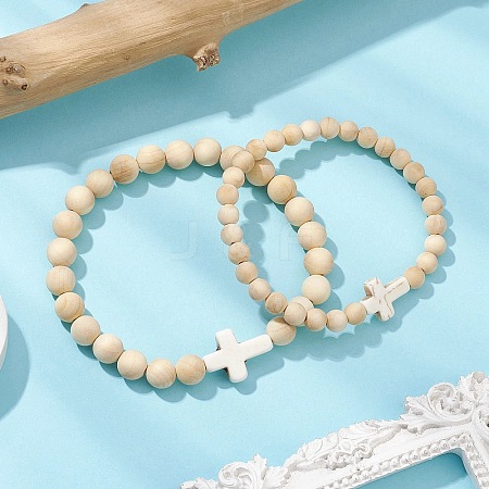 2Pcs Wood Beads Stretch Bracelets for Couple BJEW-JB11305-04-1