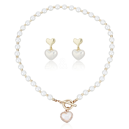 ANATTASOUL ABS Plastic Pearl Heart Pendant Necklace with Beaded Chains & Dangle Stud Earrings SJEW-AN0001-18-1