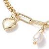 Heart Brass & Natural Cultured Freshwater Pearl Charms Bracelets BJEW-JB12923-3