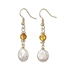 Flat Round Natural Amber & Keshi Pearl Dangle Earrings EJEW-JE07360-01-3