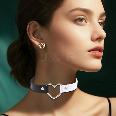 Adjustable Gothic Two Tone PU Leather Alloy Heart Choker Necklaces for Women NJEW-WH20816-007P-F-1