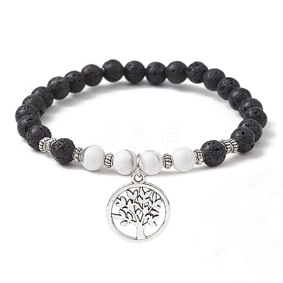 Natural Lava Rock & Howlite Gemstone Round Beaded Stretch Bracelet BJEW-JB09767-01-1