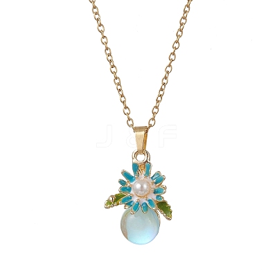 2Pcs 2 Colors Alloy Enamel & ABS Imitation Pearl & Glass Flower Pendant 304 Stainless Steel Cable Chain for Women NJEW-JN05992-1