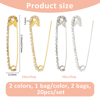 20Pcs 2 Colors Alloy Rhinestones Safety Pin Brooch SJEW-FH0001-04-1
