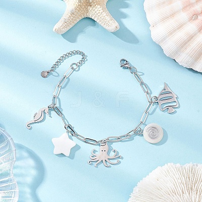 3Pcs Ocean Theme 304 Stainless Steel Charm Bracelets BJEW-JB12218-1