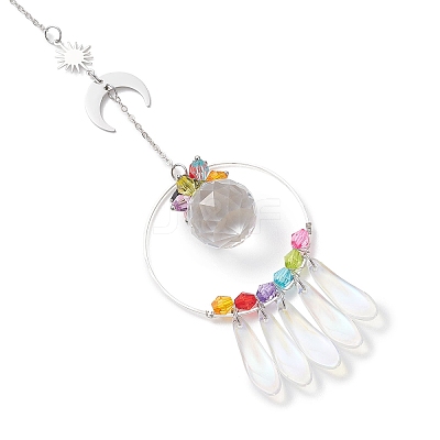 Round Glass & Acrylic & 201 Stainless Steel Sun Moon Hanging Suncatchers HJEW-JM04657-1