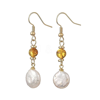 Flat Round Natural Amber & Keshi Pearl Dangle Earrings EJEW-JE07360-01-1