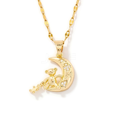 Brass Pave Clear Cubic Zirconia Shiny Cute 3D Bear Moon Pendant Necklaces for Women XT3479-2-1