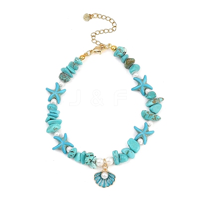 Zinc Alloy Enamel Shell Shape Charm Round Shell Pearl & Dyed Synthetic Turquoise Starfish & Magnesite Chip Beaded Anklets AJEW-AN00735-02-1