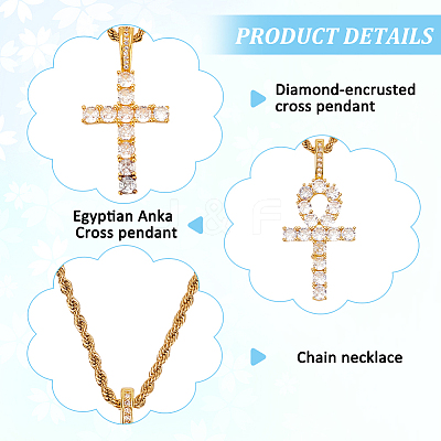 4Pcs 4 Style 304 Stainless Steel with Cubic Zirconia Cross Pendant Necklaces Set with Brass Chains NJEW-AN0001-81-1