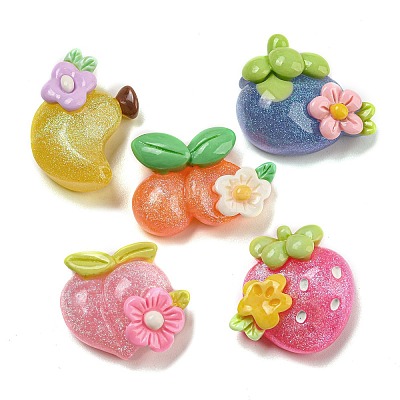 Flower Fruit Opaque Resin Decoden Cabochons with Glitter Powder RESI-G099-04-1
