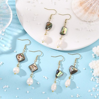 Natural Paua Shell & Natural Pearl Dangle Earrings EJEW-JE07333-1