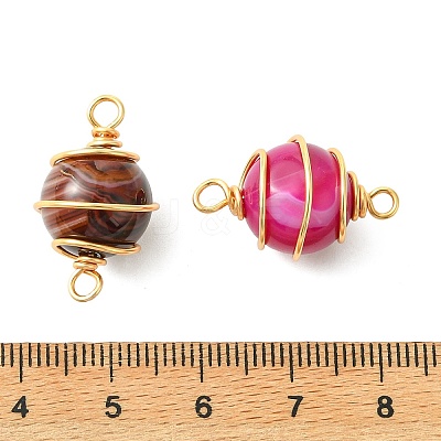Natural Striped Agate/Banded Agate(Dyed & Heated) Copper Wire Wrapped Round Links Connector Charms PALLOY-JF05906-1