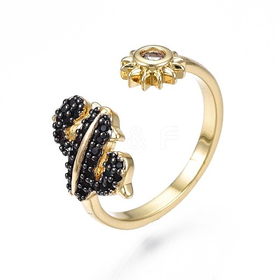 Black Cubic Zirconia Cactus and Sun Open Cuff Ring for Women RJEW-N035-087-1
