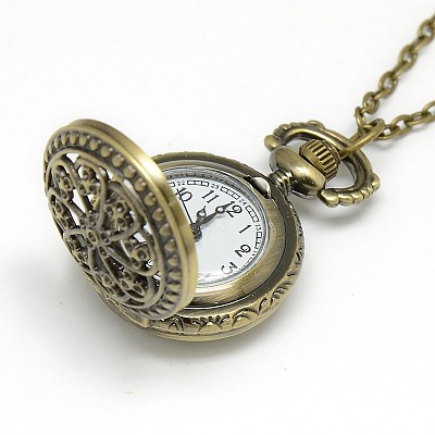 Alloy Flat Round with Flower  Pendant Necklace Quartz Pocket Watch WACH-N011-47-1