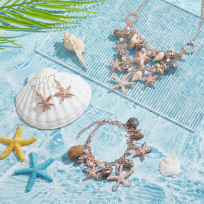 1 Set Iron Starfish & Natural Shell & Plastic Pearl Charm Bracelet & Dangle Earrings & Bib Necklaces Set SJEW-PH0001-15-1