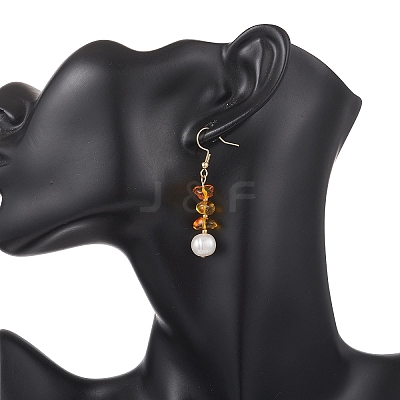 Natural Cultured Freshwater Pearl & Natural Amber Dangle Earrings EJEW-JE06961-1