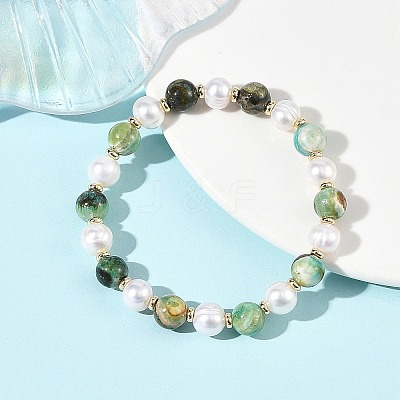 8MM Natural Green Line Jasper & Cultured Freshwater Pearl Round Beaded Stretch Bracelets for Women BJEW-JB14239-1