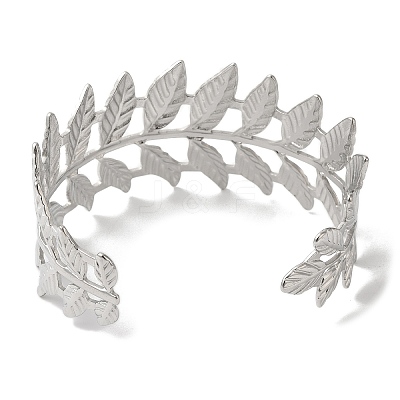 Stainless Steel Hollow Leaf Open Cuff Bangles for Women BJEW-G719-14P-1