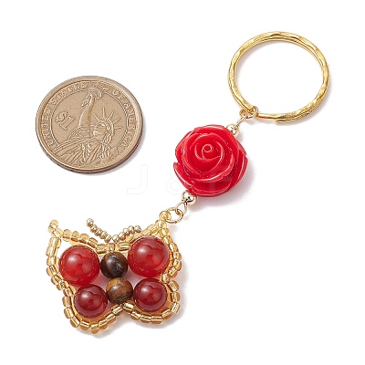 Butterfly Glass Seed & Natural Carnelian & Natural Tiger Eye Beaded Keychain KEYC-MZ00022-1