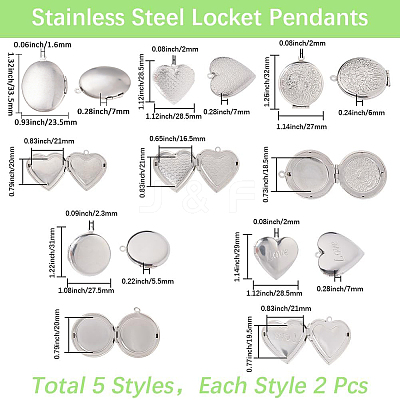 10Pcs 5 Styles 316 Surgical Stainless Steel Locket Pendants STAS-SP0001-94-1
