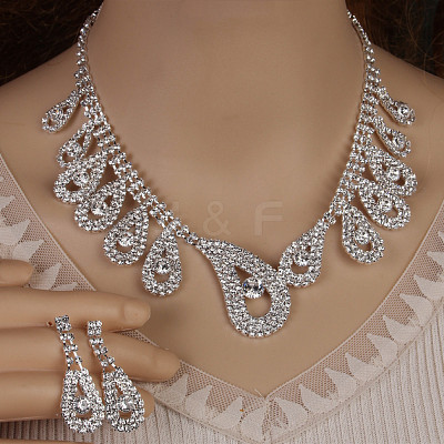 Teardrop Brass Rhinestone Pendant Necklaces & Stud Dangle Earrings Sets for Women WGD620E-02-1