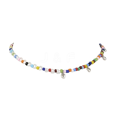 Bohemian Round Glass Seed Beaded Necklaces with Antique Silver Tone Alloy Heart Charms NJEW-JN05216-1