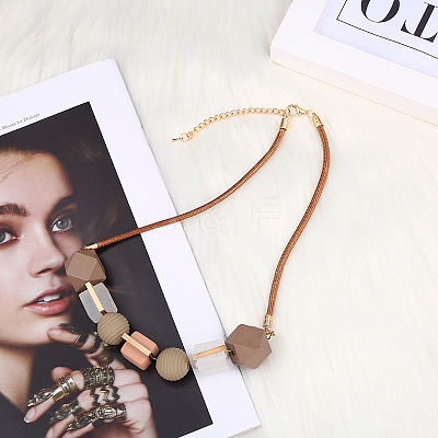 Alloy & Wood & Resin Cube Round Polygon Beaded Necklaces for Women FS-WG78C23-01-1
