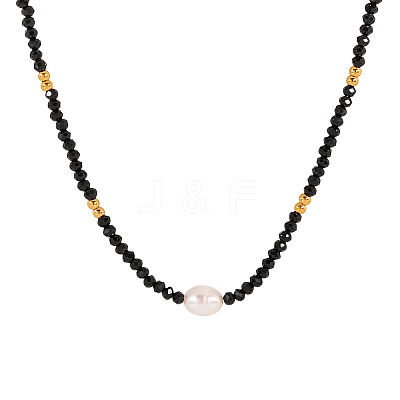 Natural Black Spinel Faceted Rondelle and Freshwater Pearl Beaded Necklaces AF5401-1