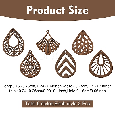 12Pcs 6 Styles Walnut Wood Laser Cut Pendants WOOD-YW0001-61-1