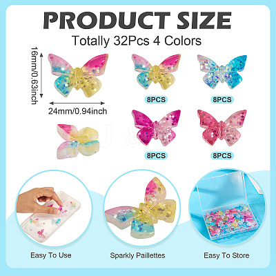 32Pcs 4 Colors Butterfly Transparent Resin Cabochons RESI-TA0004-44-1