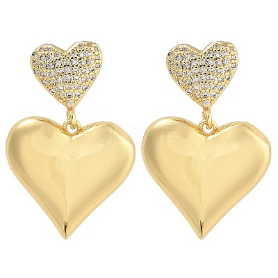 Brass Micro Pave Clear Cubic Zirconia Heart Stud Earrings EJEW-K293-18G-1