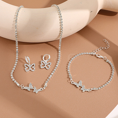 Butterfly Alloy with Crystal Rhinestone Pendant Necklace & Hoop Earring & Link Bracelet FS-WG7F609-01-1