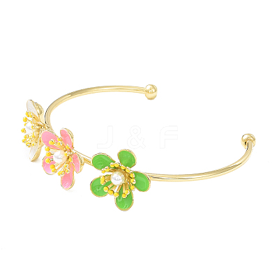 Alloy Flower with Imitation Pearl Beaded Open Cuff Bangle for Women BJEW-D054-02G-03-1