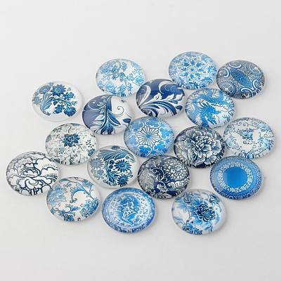 Blue and White Floral Printed Glass Cabochons X-GGLA-A002-10mm-XX-1
