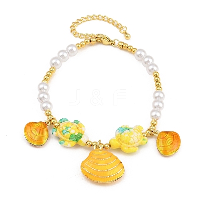 Ocean Brass Enamel Starfish Shell Shape Charm Bracelets for Women KK-CBA68DA-16G-03-1