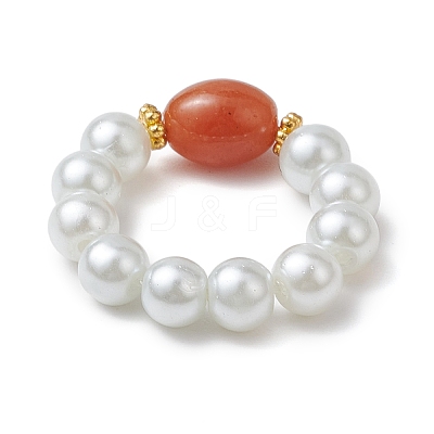Oval Synthetic Turquoise & Natural Red Aventurine & Aquamarine Beaded Finger Rings RJEW-JR00768-1