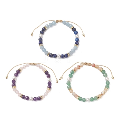 3Pcs Natural Mixed Gemstone & Shell Pearl Round Beaded Braided Bead Bracelets BJEW-JB13392-1