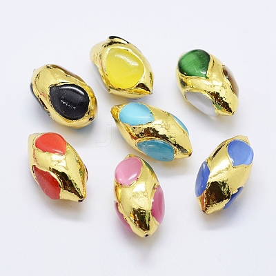 Edge Golden Plated Cat Eye Beads PEAR-F006-98G-1