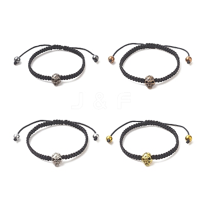 4Pcs 4 Color Synthetic Hematite & Alloy Skull Braided Bead Bracelets Set BJEW-JB09215-1
